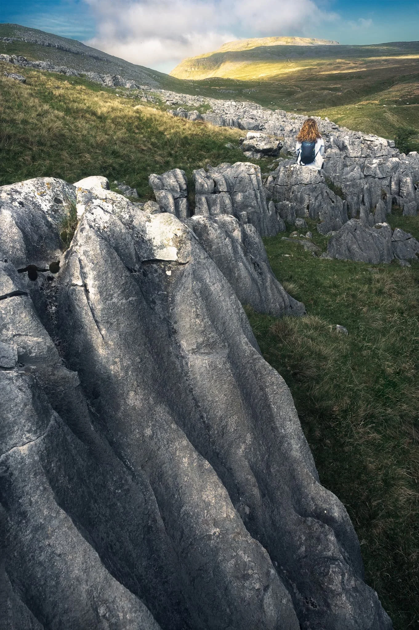 Lisabet, perched on a limestone clint, enjoying the view to Ingleborough. 