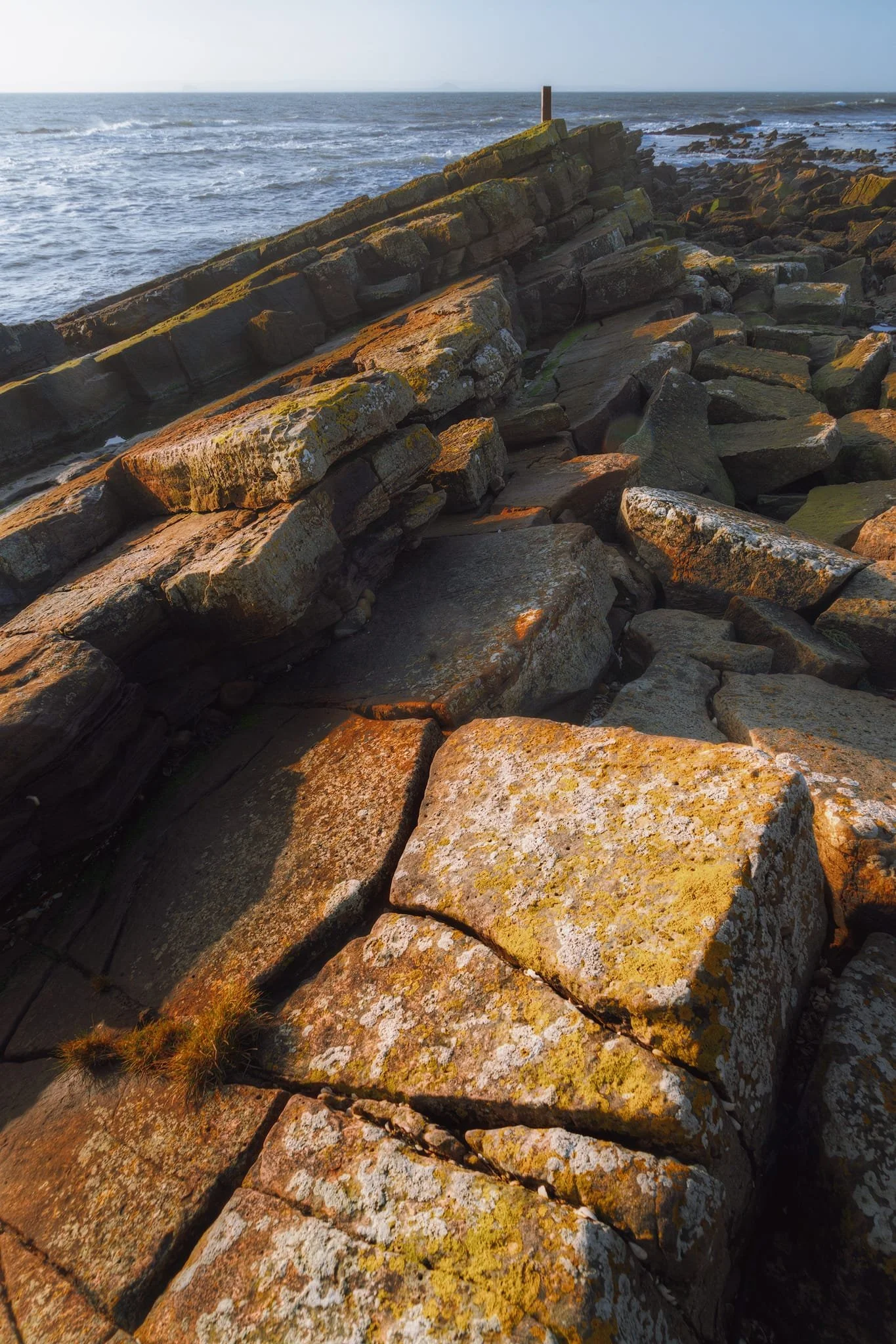 The striking column-like shapes of the rocks in Cellardyke come from ancient seabed materials that have been broken apart by tectonic forces. The unique yellow-orange colour is caused by lichen growing on the rocks and the rusting of iron minerals. This pattern appears almost like it was designed, but it was actually formed naturally as the rocks cracked over millions of years in response to pressure.