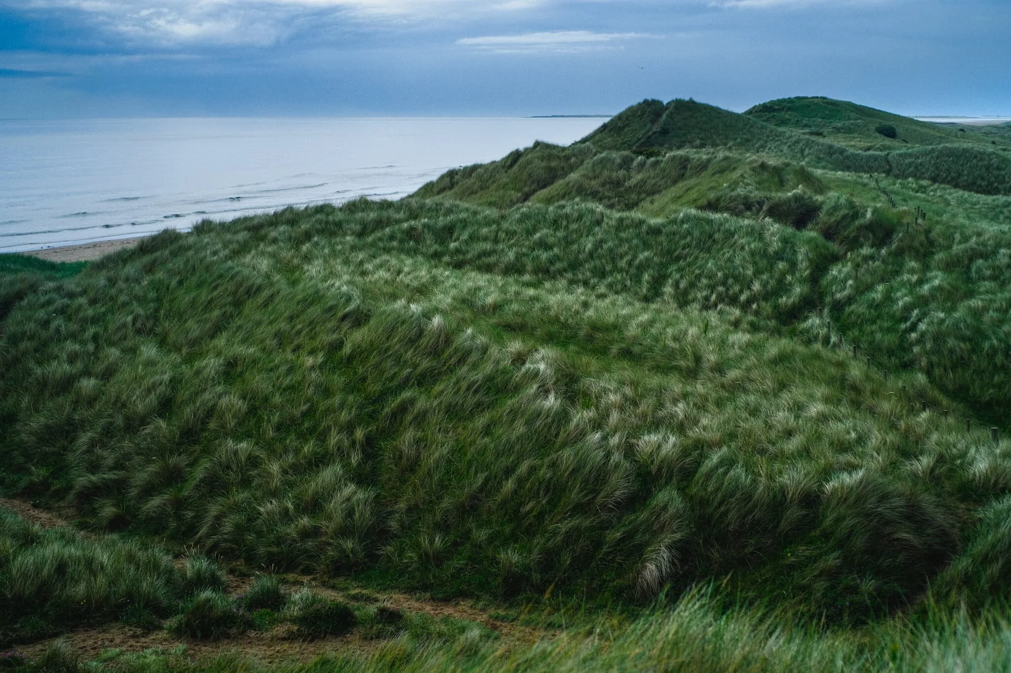 Access to Cheswick Sands involves clambering up and down the soft sands of Cheswick’s dunes. From the top of one, I made this composition of the undulating dunes, the North Sea, and the dark storm in the distance.
