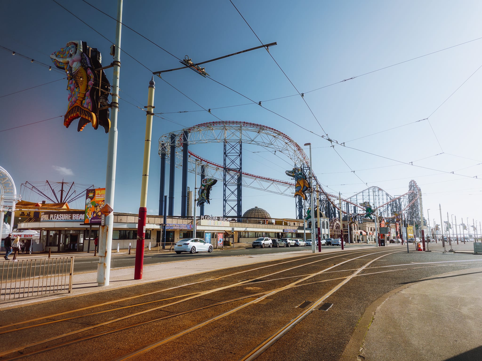 Walking alongside the tramlines and taking in the scale of The Big One rollercoaster. It opened in 1994 as the tallest rollercoaster in the world at 213 ft high until the construction of Fujiyama in 1996.