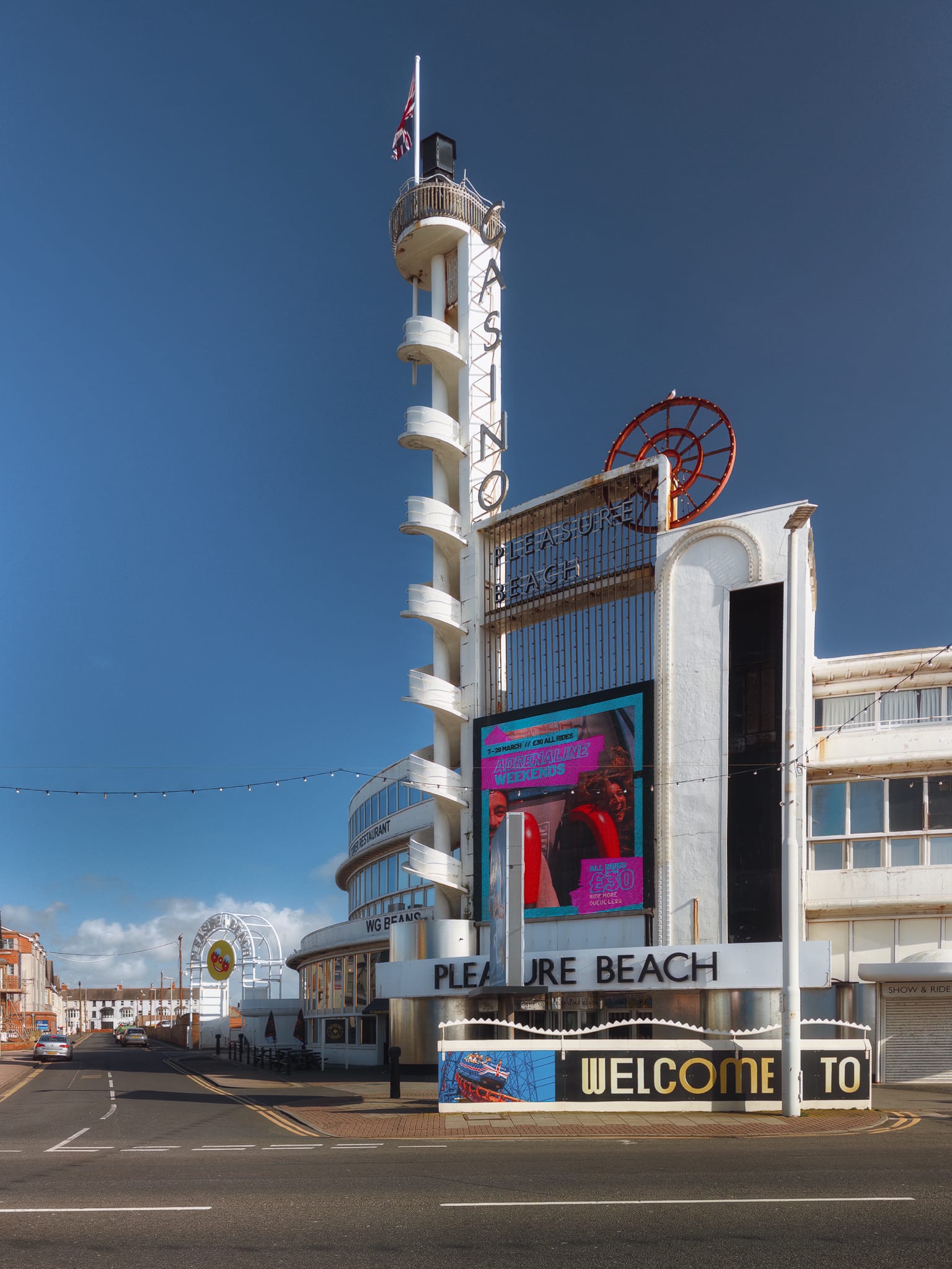The Casino Building, which serves as the main entrance to Blackpool&rsquo;s Pleasure Beach area. A 1913 building with an &ldquo;oriental&rdquo; theme stood at this site until it was demolished and made way for this Art Deco beauty in 1938. Despite the name, both the previous building and this one have never been used for gambling.