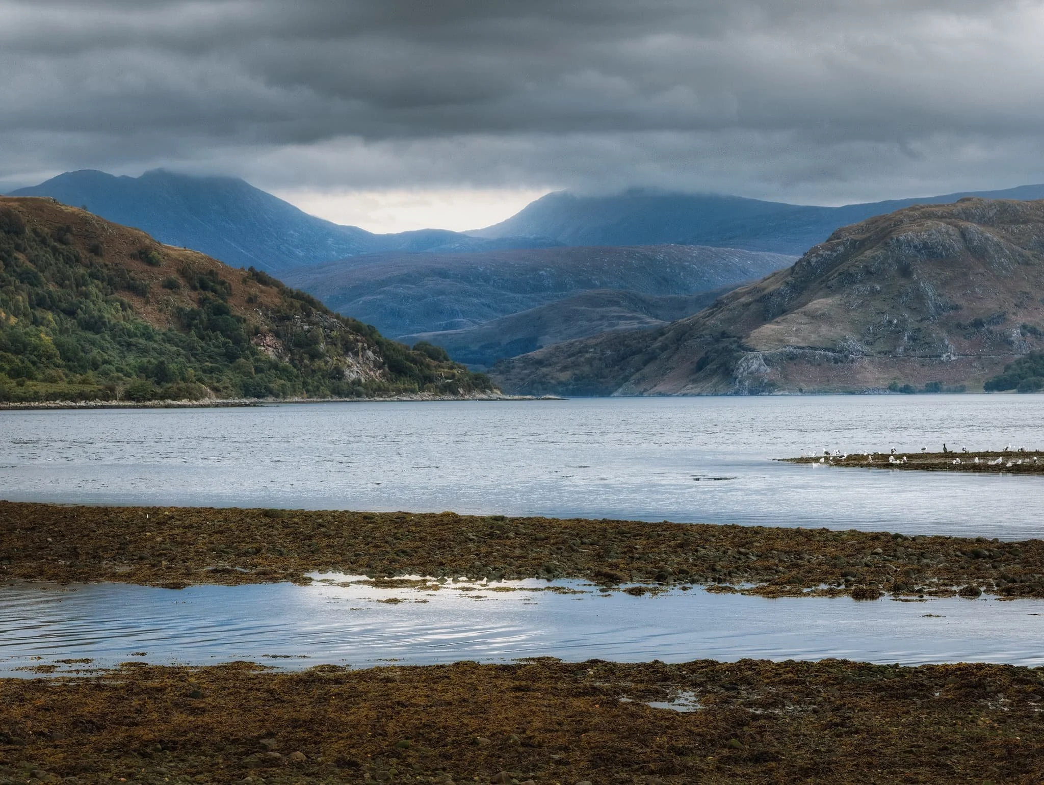  From the old pier, looking all the way up towards Loch Etive&rsquo;s northeastern head. Darkening clouds above press down on the mountains.  