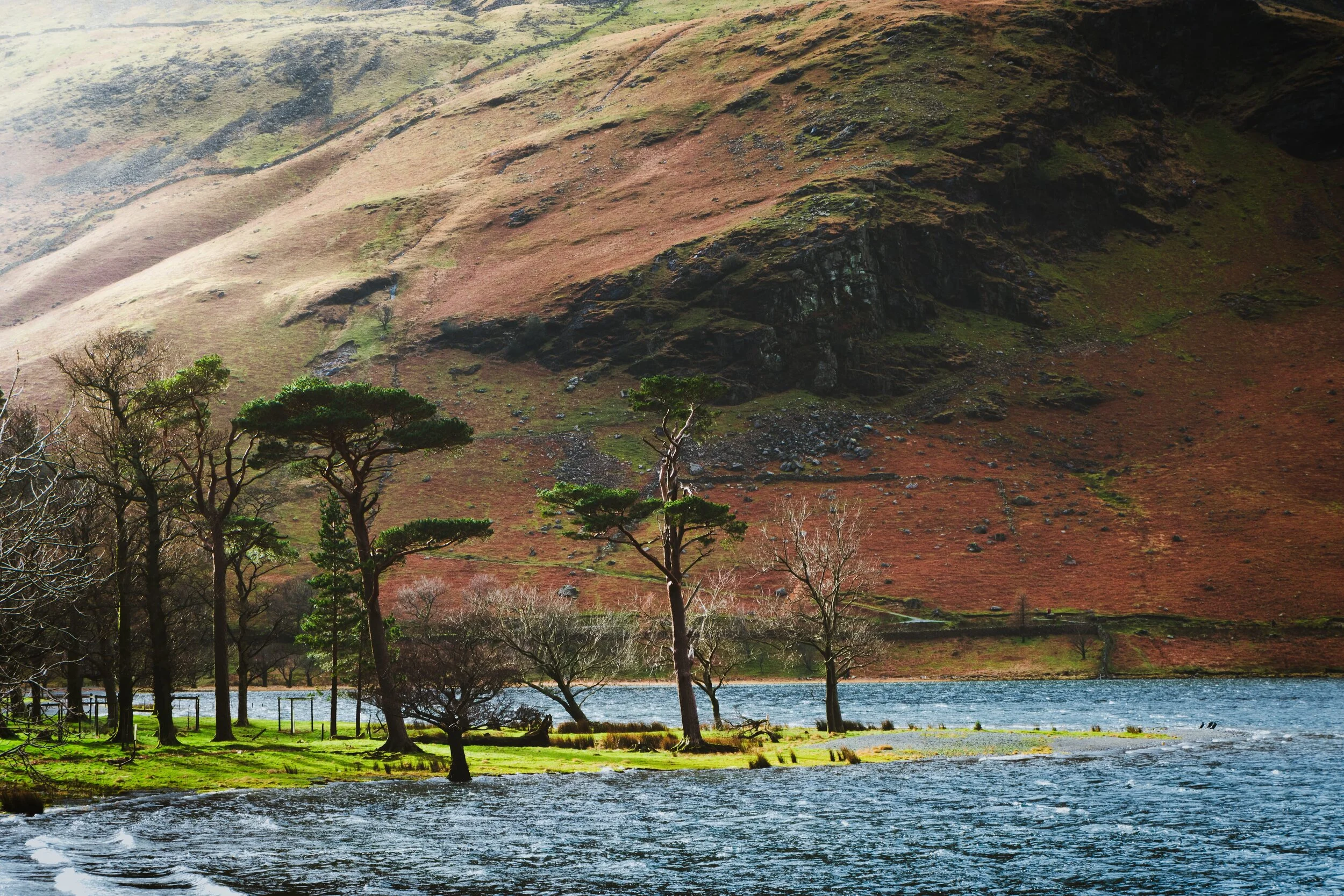 Sunlight escapes through the clouds, highlighting the details in High Pike’s craggy foot. The ancient woodland at the shore of Buttermere continue getting battered by the high winds and waves.