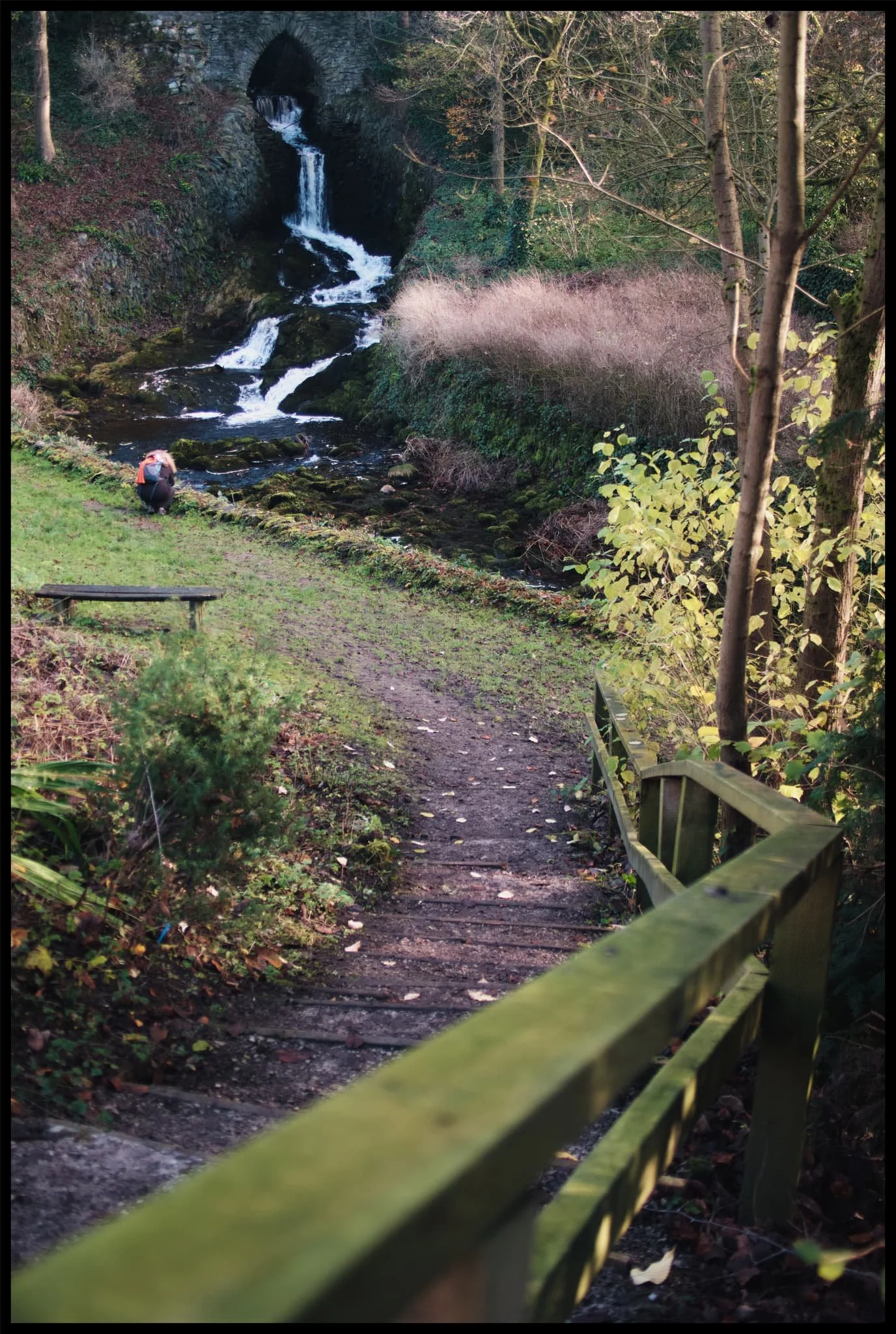  Here is something I do not remember from our last visit: a friggin&rsquo; waterfall! Turns out there&rsquo;s been a lot of conservation work in recent years, some of which involved clearing the riverside bank here of snowberries, which was obscuring views of this waterfall. 