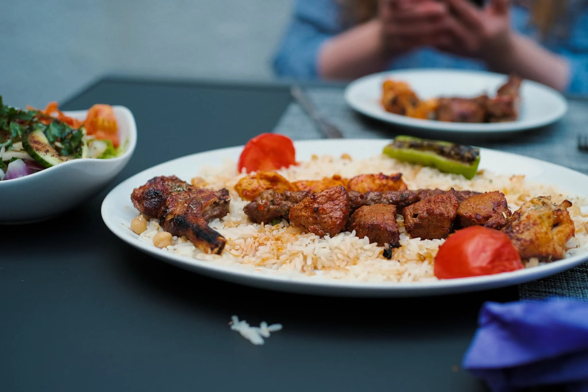 A selection of grilled spiced meats with rice and salad. Nobody does meat better than the Turkish.