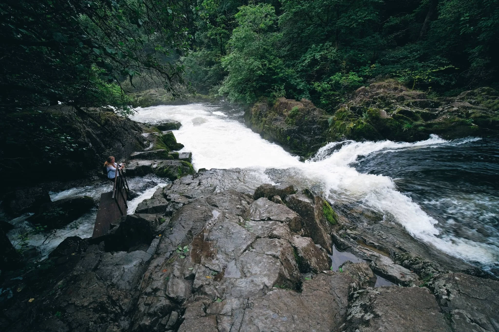 Lisabet was braver than me, and clambered down the crags to the small footbridge for a different view. The spray from the falls leant a delicious mood to the scene.