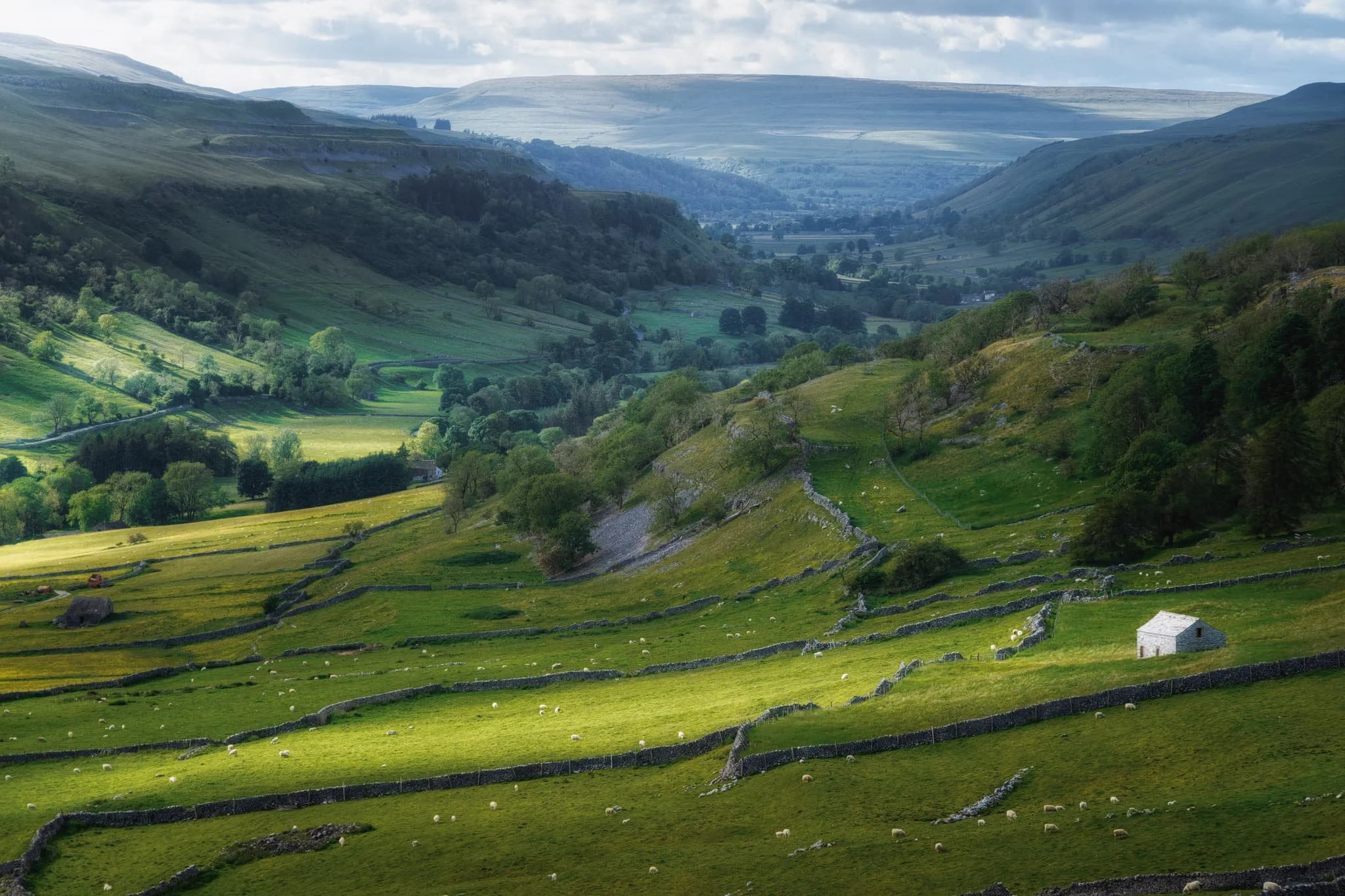  Another long zoom composition, showing the characteristic upland fell farming landscape of the Yorkshire Dales; land parcelled off with drystone walls. I waited as slivers of golden light scanned across the landscape, and picked my moment when the foreground barn was illuminated.  