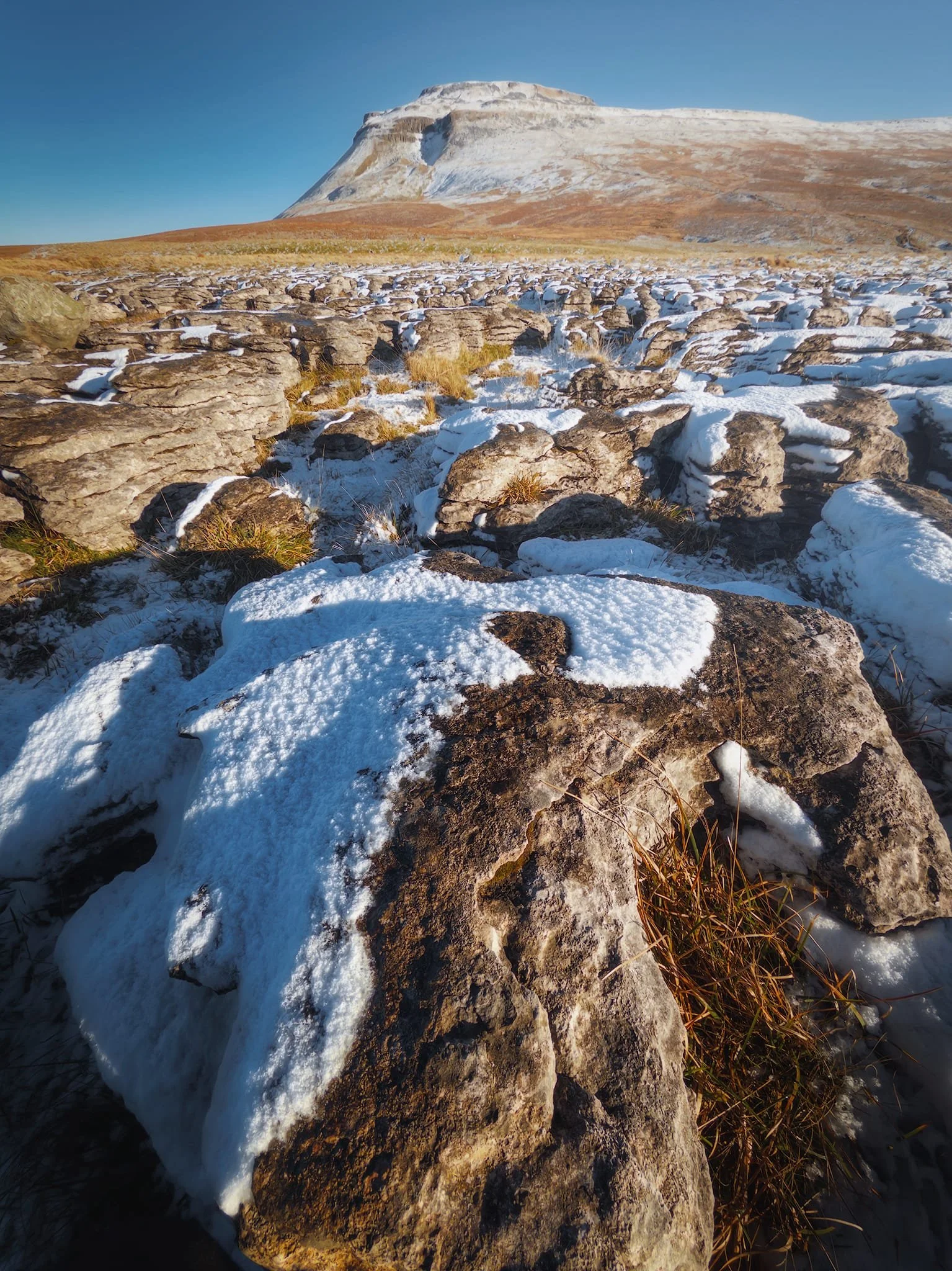 Up on top of White scar pavement, the clints and grykes covered in snow and Ingleborough’s shape looking impressive.
