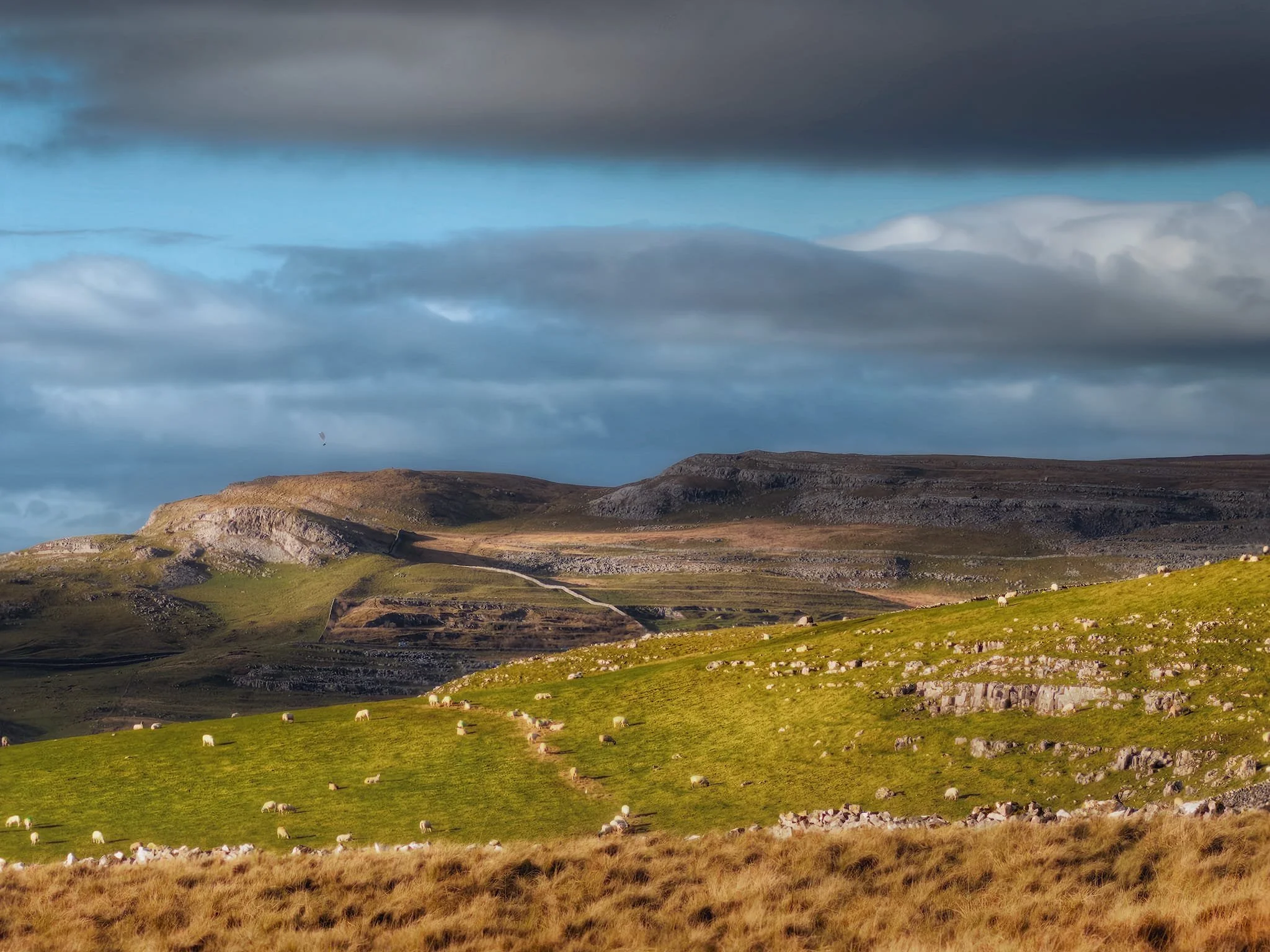 On the way back down, beautiful light caresses Keld Head Scar above Kingsdale as the cloud cover arrives.