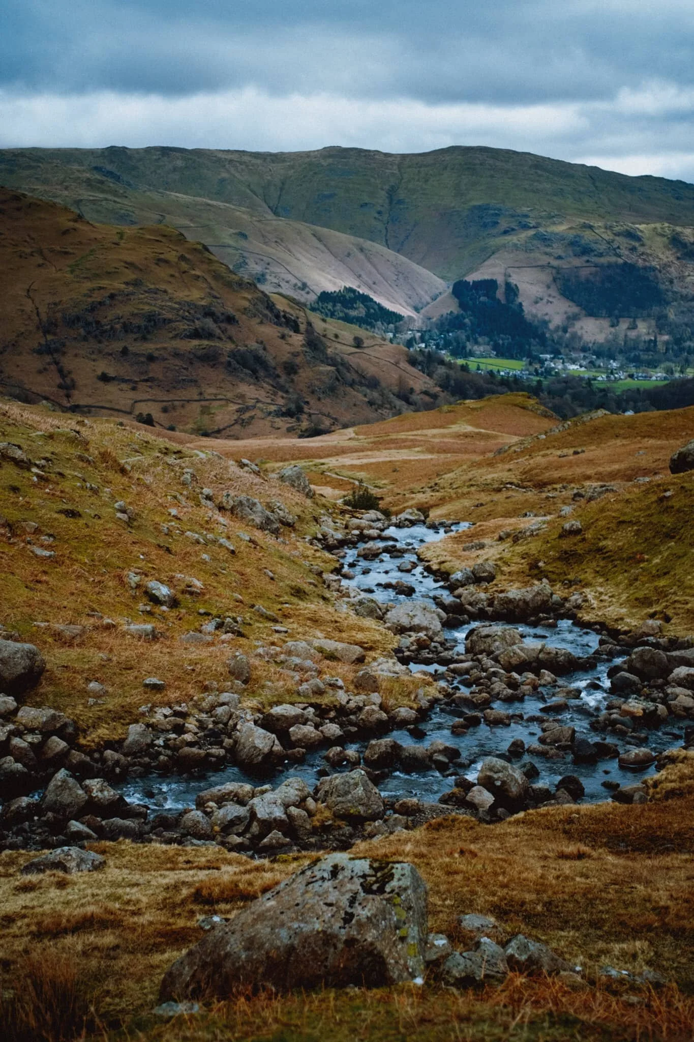 The upper section of Sourmilk Gill as it gently meanders to where it will ultimately tumble down to Easedale.
