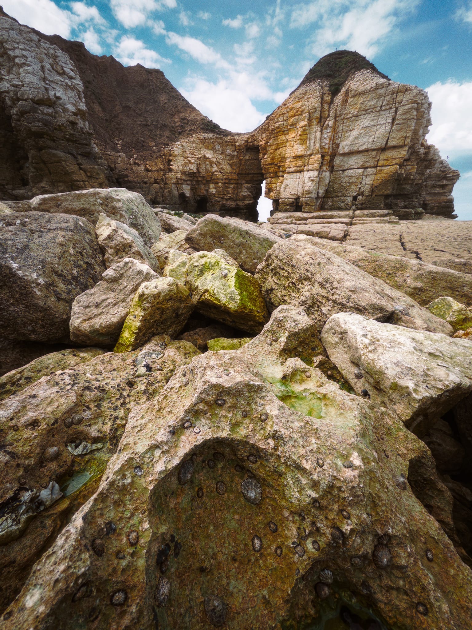 A bit further around the Nab, these sea-sculpted chalk boulders gave me another composition that could also feature the &ldquo;door&rdquo; separating Thornwick Nab from the rest of the cliffs.