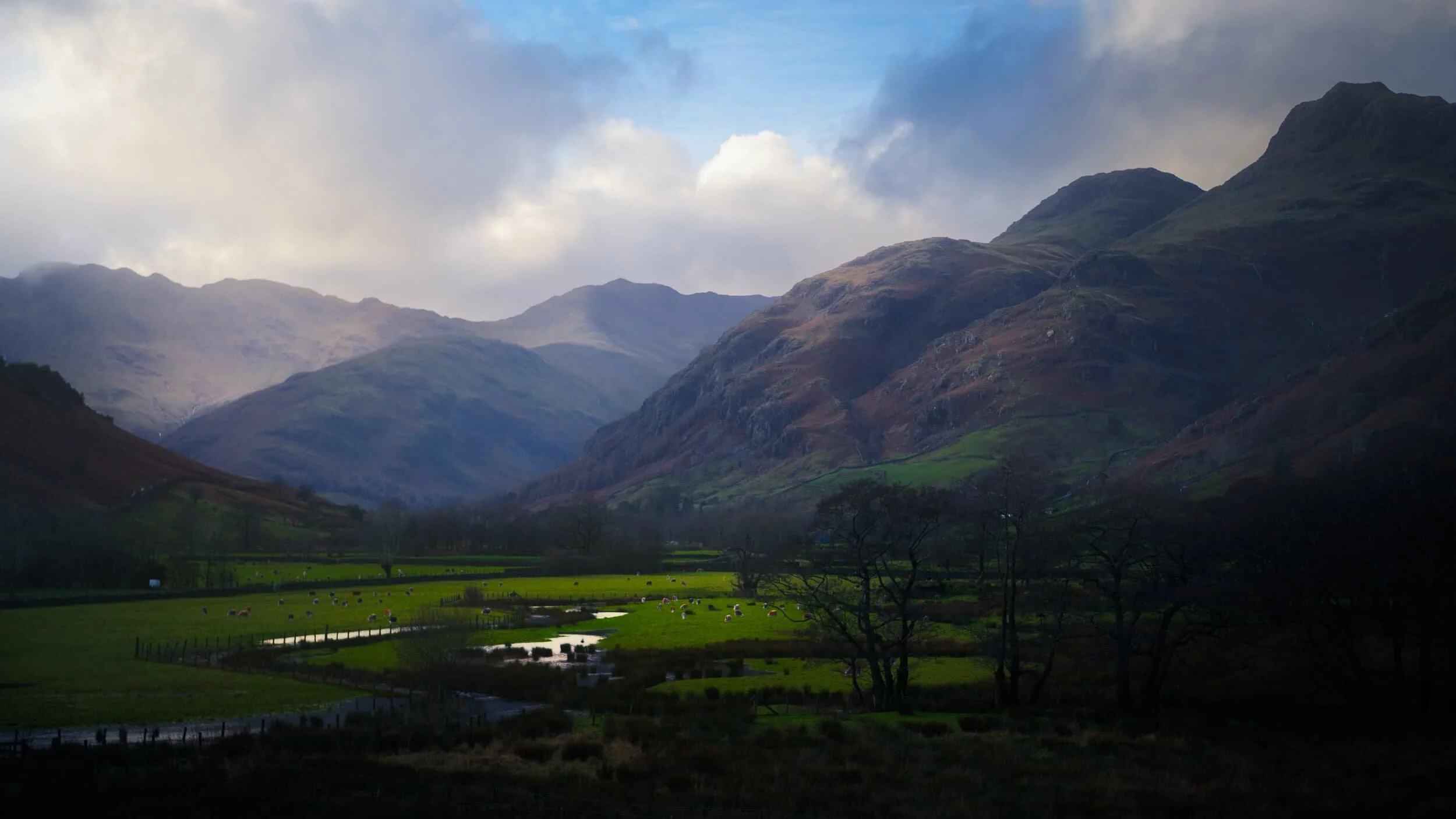 A final panoramic look back at the Great Langdale valley; Langdale Pikes to right, and Crinkle Crags to the left.