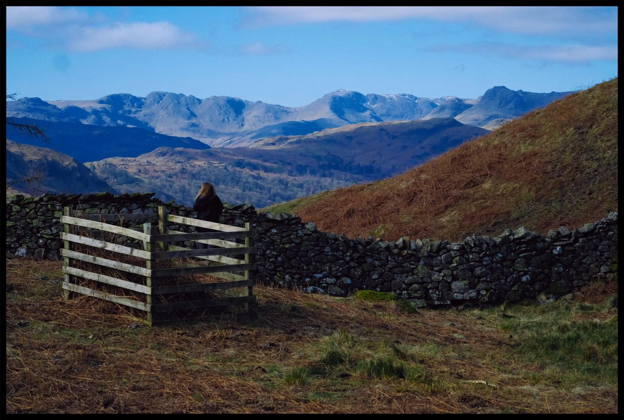  The wonderfully craggy profile of the Langdale Pikes, Bowfell, and Crinkle Crags. 