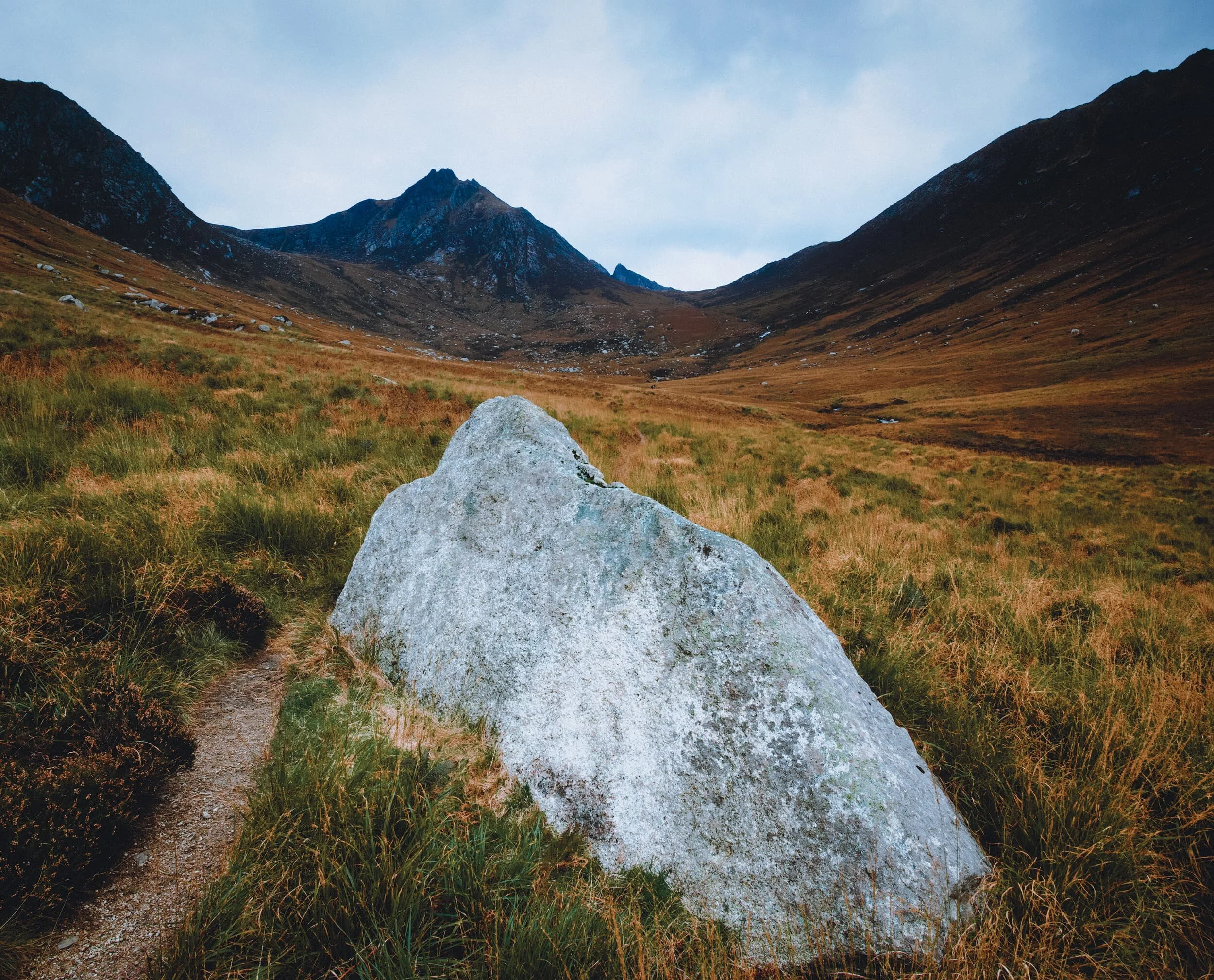  One of the last days of our week on Arran, conditions stayed dry enough to attempt a circuit around Glen Rosa, one of the main valleys in Arran. I had researched locations and compositions in this valley for years, looking for shots towards the iconic  Cir Mhòr . Ultimately, I didn&rsquo;t get the actual photos I was after, especially because the valley was ridiculously muddy and difficult to walk. But this photo is OK. 