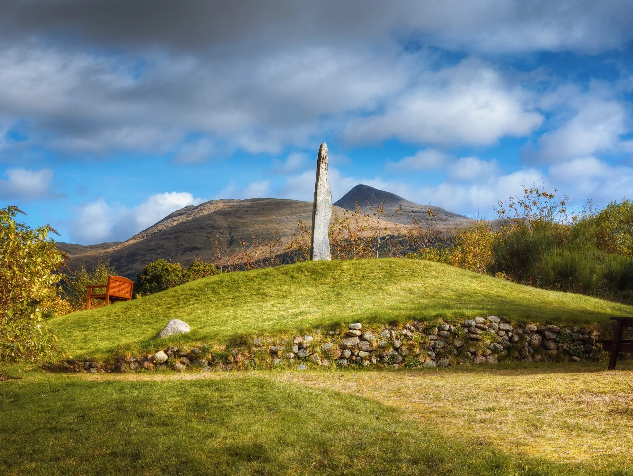  Back in Taynuilt, we learned there was a small 44 m high drumlin in the village with a beautiful monument set on its summit. Welp, this is the view as you approach the monument. Not bad, eh? The monument, styled in my mind like the Machrie Moor stones on  Arran , is claimed to have been the first monument to be erected in Britain to commemorate the death of Nelson at the Battle of Trafalgar. 