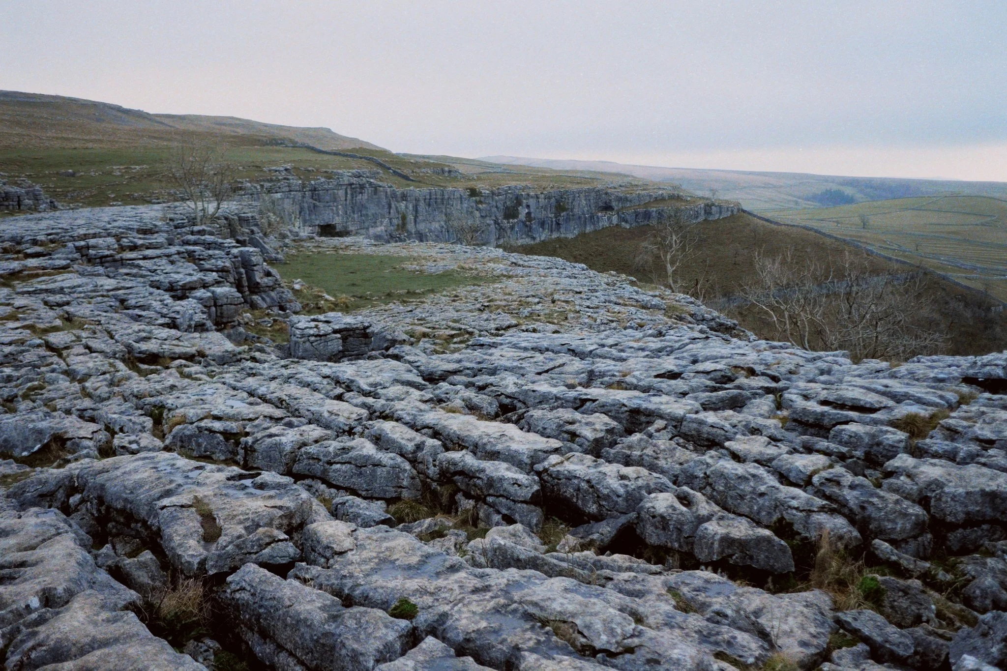 Limestone pavements occur when a glacier retreats and scours limestone, leaving behind a flat bed of rock. Limestone is slightly soluble in water, and rain is slightly acidic, so over time cracks form in the joints of the limestone. Give it a few thousand years or so, and this is the sort of landscape you’re left with.