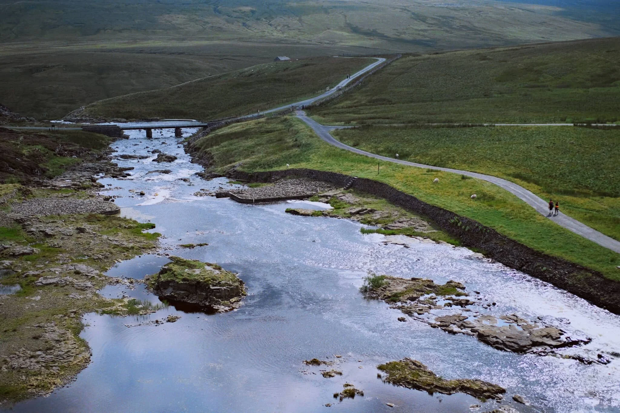 Looking down onto the Tees from the top of the dam. You can just make out to the left the top of Cauldron Snout before it crashes down into the valley.