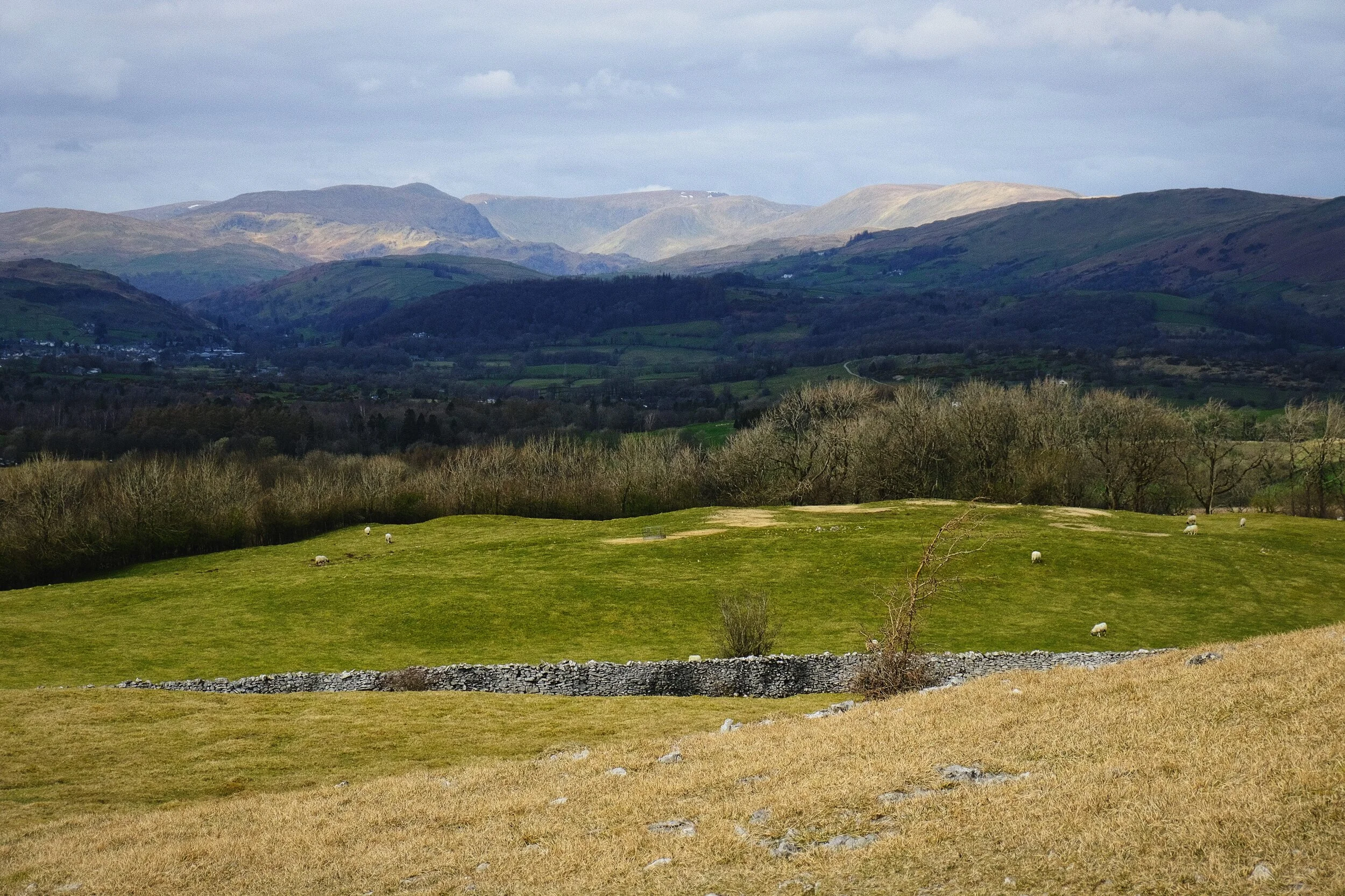 A closer view of the Kentmere fells from the summit of Cunswick Fell.
