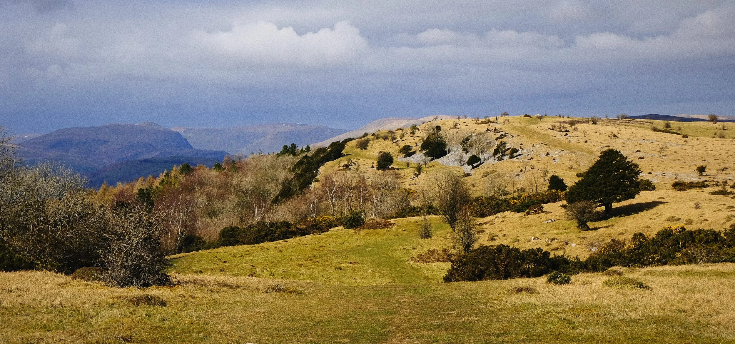 It was super windy on the fells today, meaning that the sun kept playing hide ’n’ seek throughout our hike. Here the sun illuminated Cunswick Fell.
