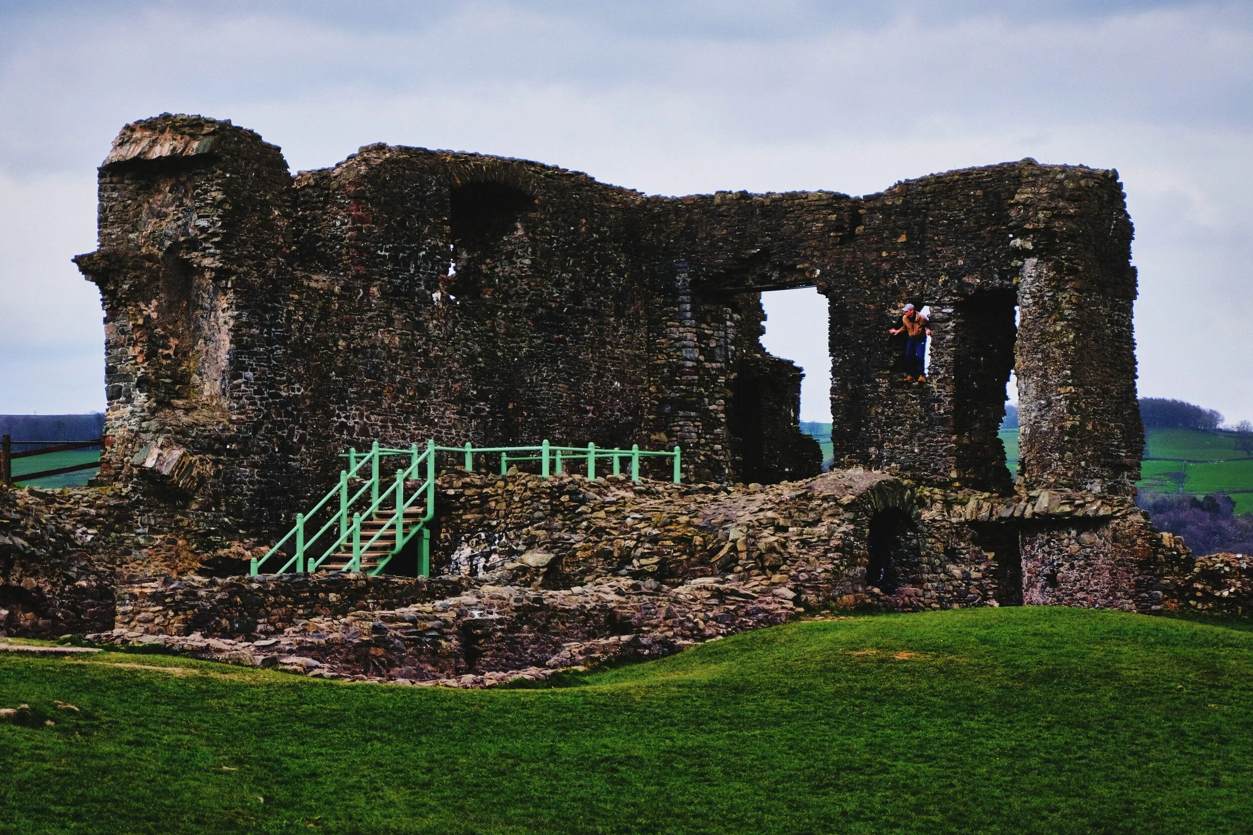 The largest part of the castle that’s still standing: the keep and its tower. Modern additions like the stairway have helped people explore the ruins more fully.