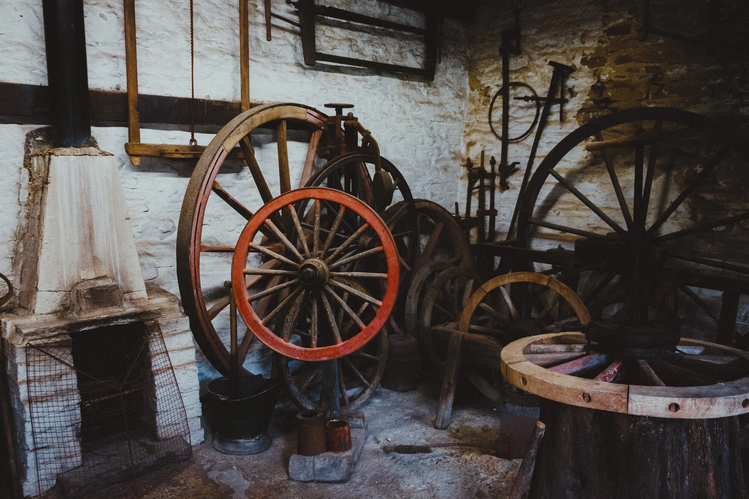 A Wheelwright’s workshop, who were largely occupied with building and repairing wooden wheels for carts, wagons, traps, coaches, and carriages.