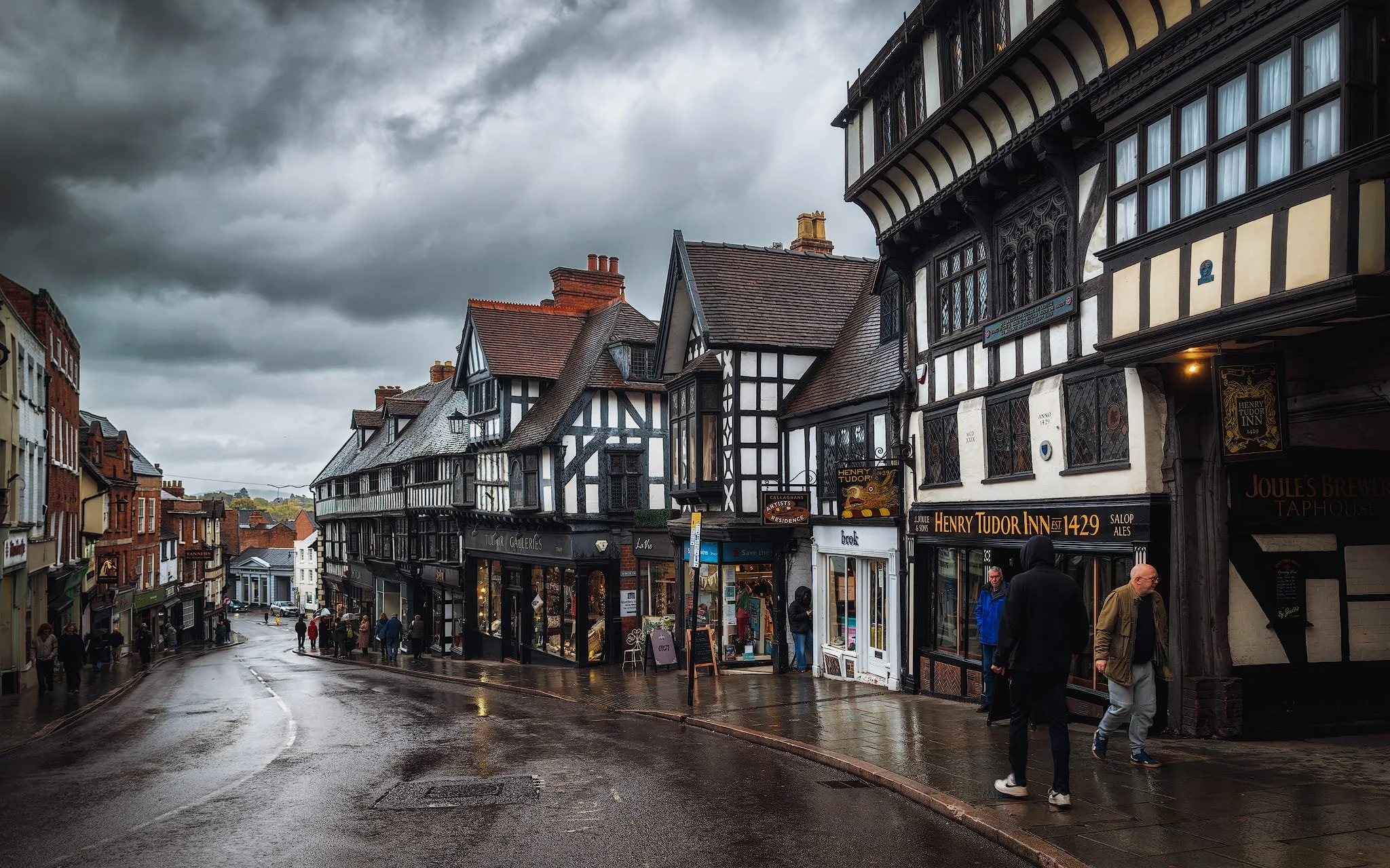 The Wyle Cop road is adorned with rows of timber-framed gorgeousness. As the rain fell, I quickly nabbed this moody shot looking down the road. Almost like stepping back in time.