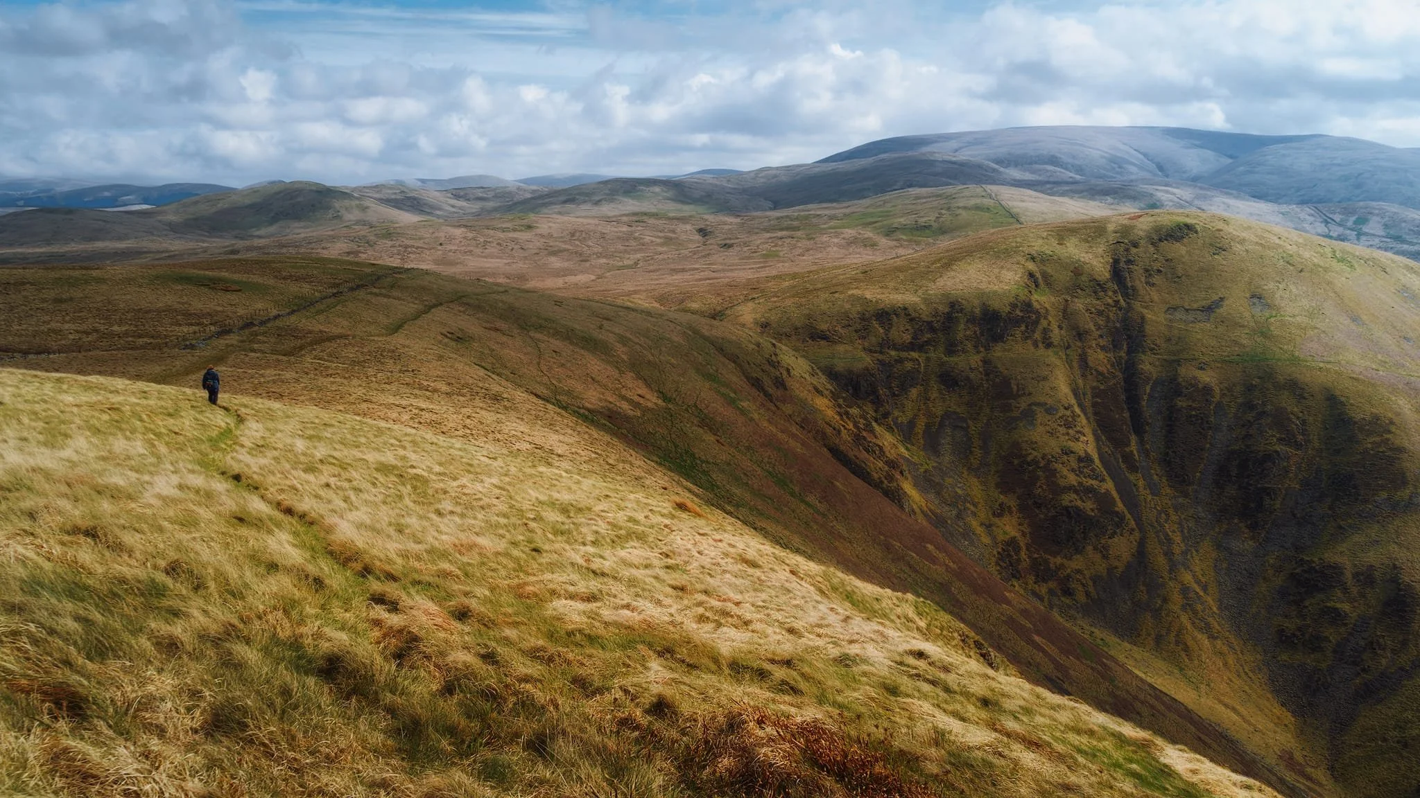  Already way ahead of me, Lisabet heads to the next hill—Peat Knowe—whilst I nab this composition showing the vast expanse and scale of the Southern Uplands. 