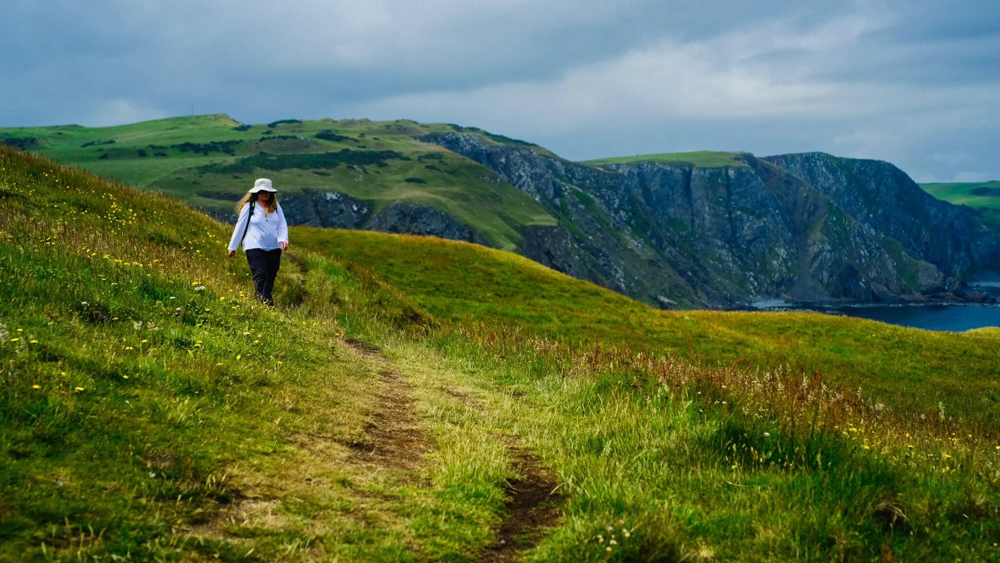  Towards the edge of West Hurker, the northwestern part of St. Abb&rsquo;s Head, the path becomes gentler as the cliffs of Uilystrand Brae grow in stature. 