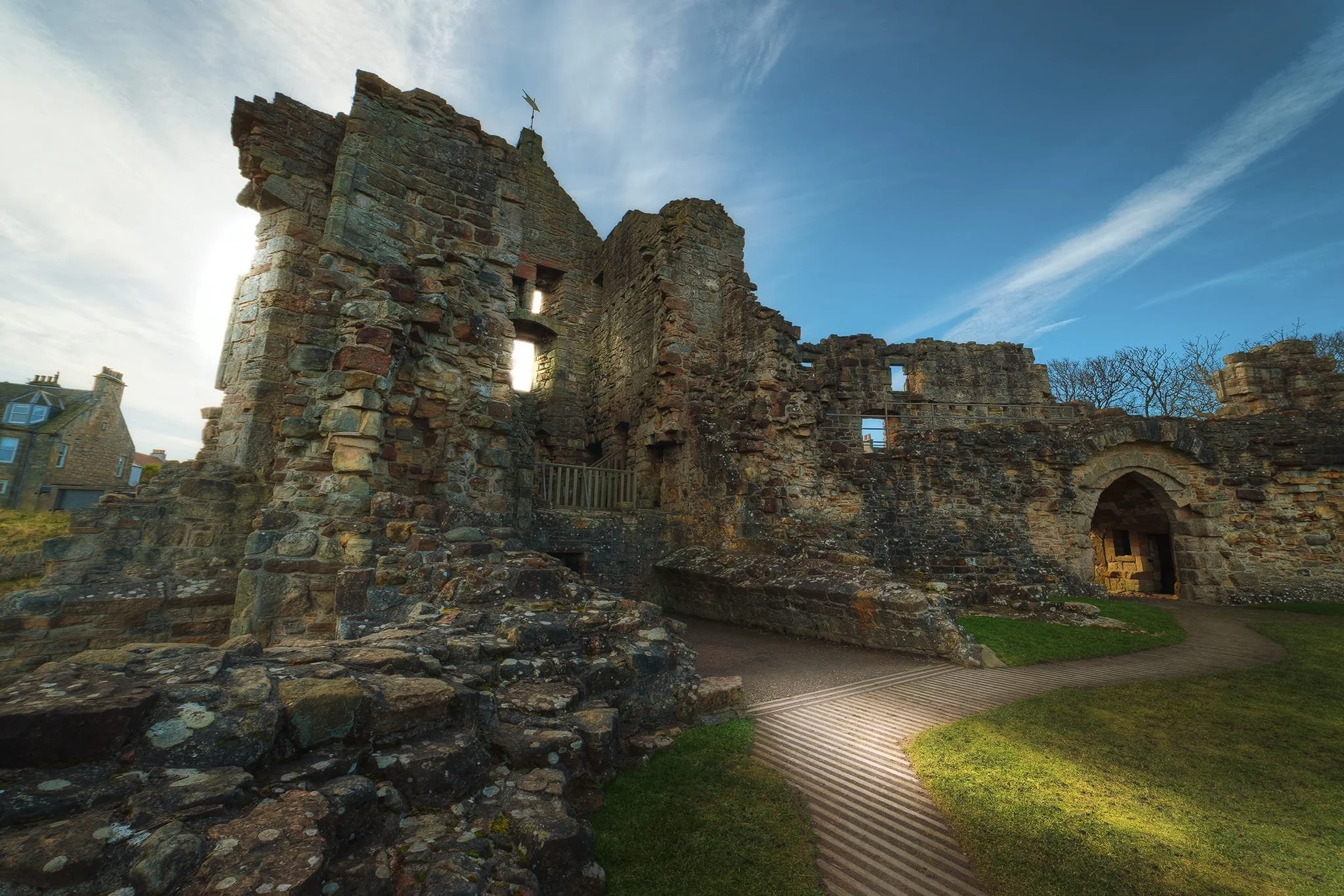  Looking back at the front and entrance of St Andrews castle. There&rsquo;s been a castle standing at the site since the era of Bishop Roger (1189–1202). This is the largest part of the castle ruins that&rsquo;s still standing, the rest having largely fallen into the sea. 