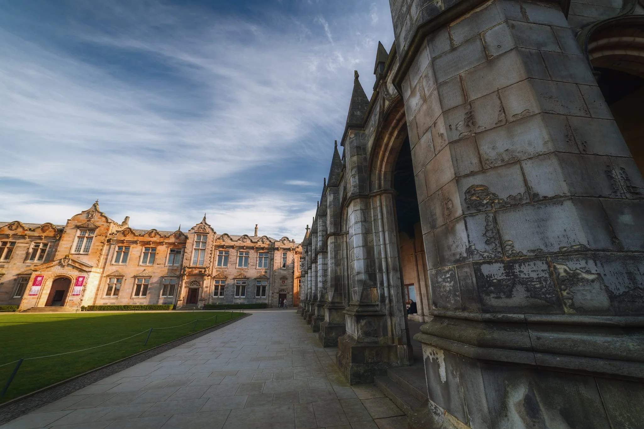  The cloisters of St Salvator&rsquo;s Chapel around St Salvator&rsquo;s Quadrangle, looking towards Lower College Hall. The Chapel was founded in 1450 CE built in the Late Gothic architectural style. It&rsquo;s the chapel of the United college as well as being the major university chapel. 