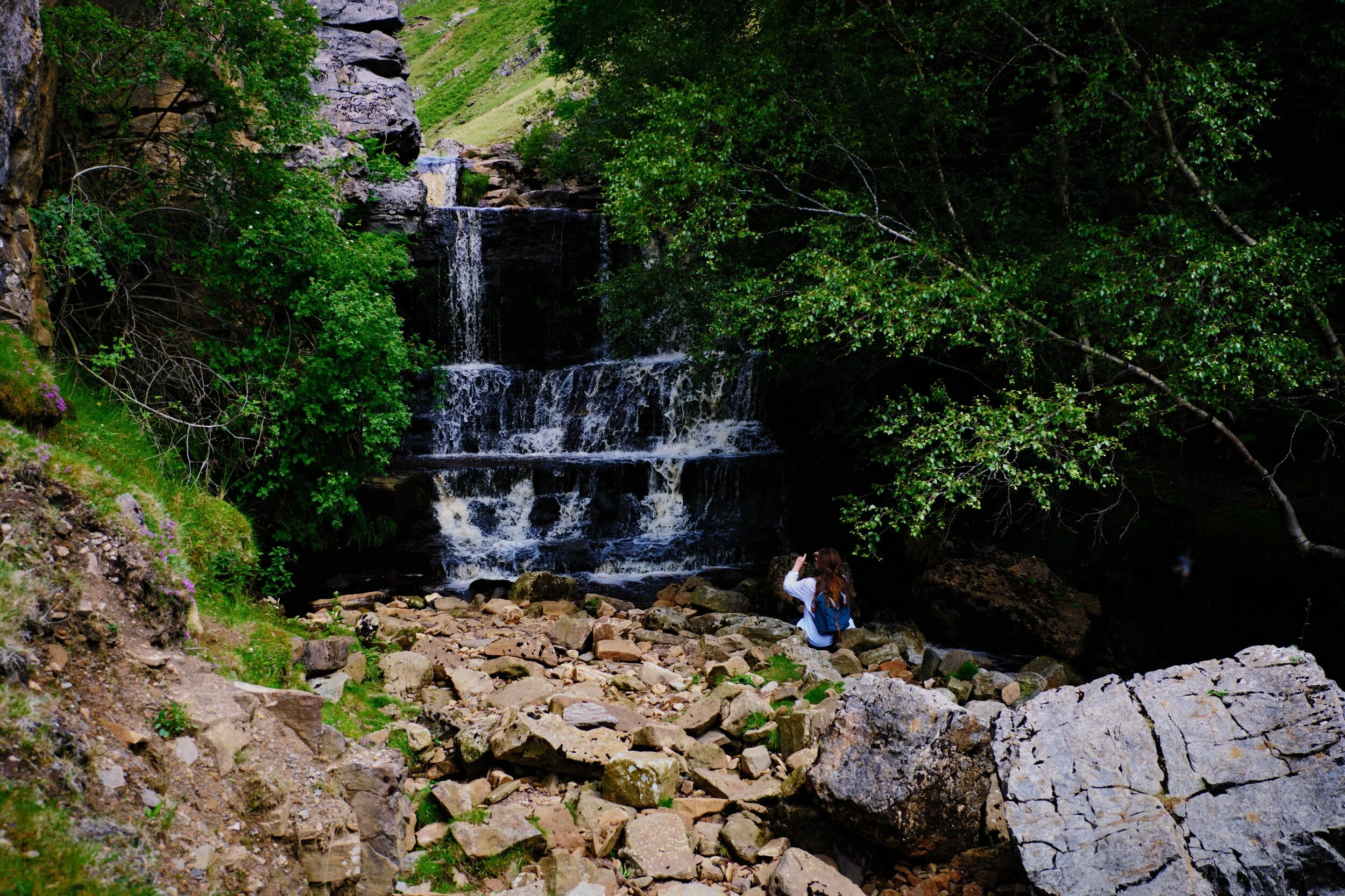 A lot of industry occurred in Swaledale during the 19th century, particularly lead mining. The fells around the valley are dotted with scars attesting to the industrial heritage of this area. It’s also apparent here at Swinner Gill, where you can find the ruins of a mining hut right near this waterfall. I wonder if the water flowing down this ravine was once used to power industry.