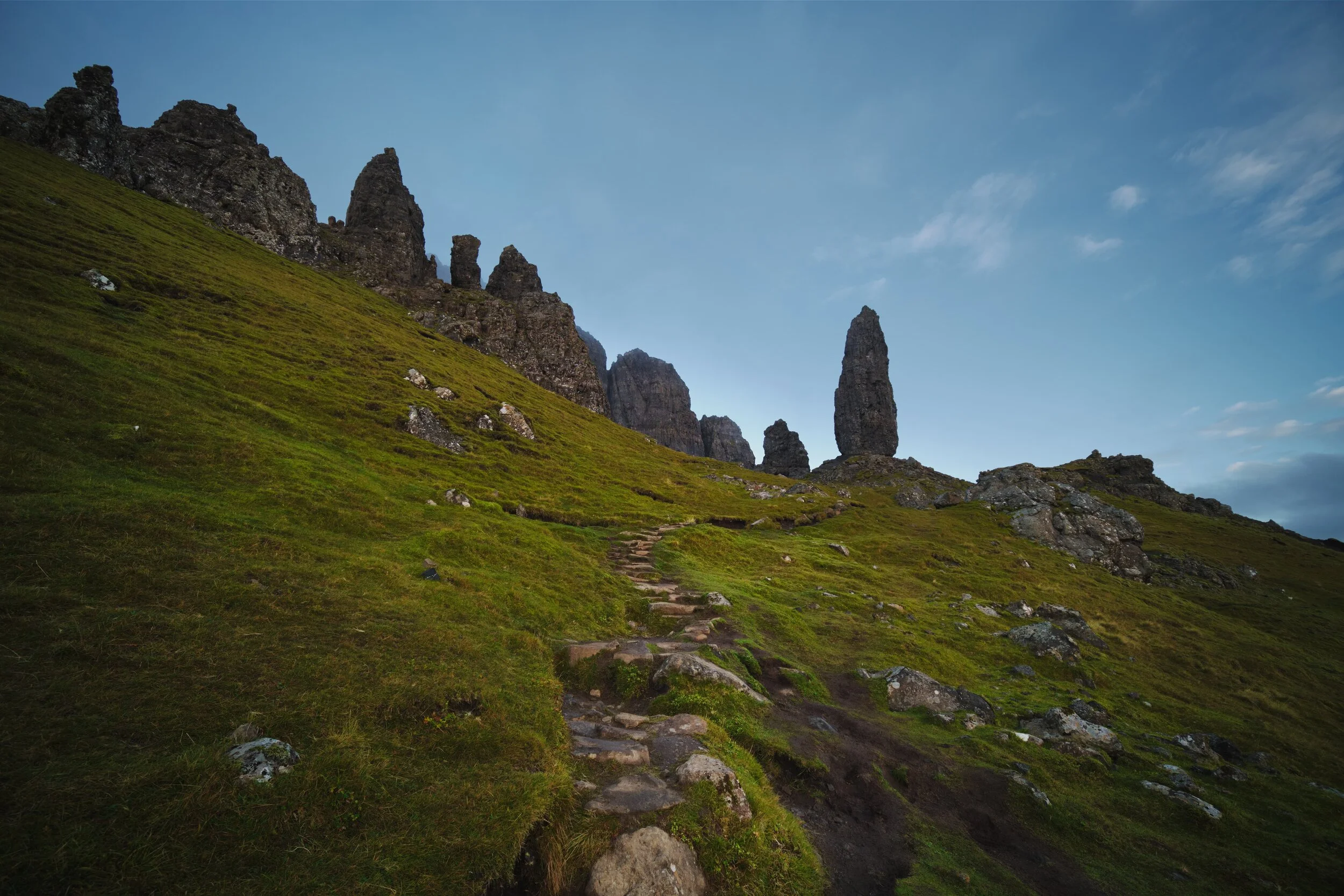 The steep ascent up to the Storr. Whilst not technically challenging, it is a short and steep hike; you end up climbing 1,100 ft in less than a mile, about an average of a 33% gradient incline. Phew! Thankfully the infrastructure around the Storr has massively improved over the years and most of the paths are properly pitched and laid out.