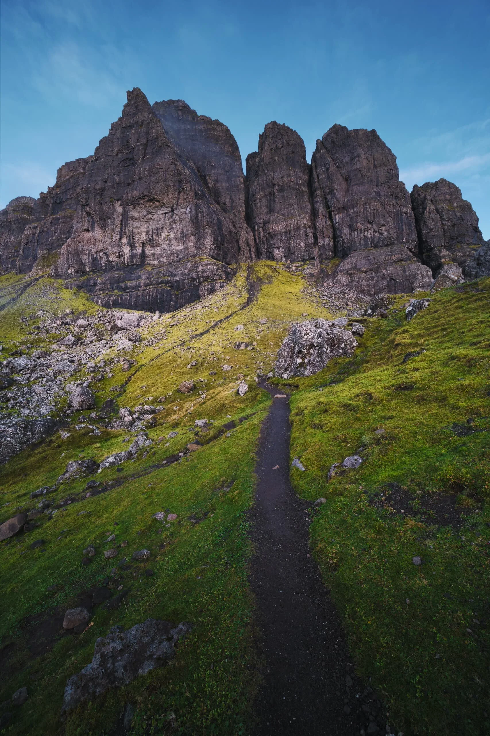 Getting closer to the cliffs of the Storr as the fog started to burn off from the rising sunlight. My aim was to take the path down to the left here, so I could get behind all the Sanctuary formations for a composition I had in mind.