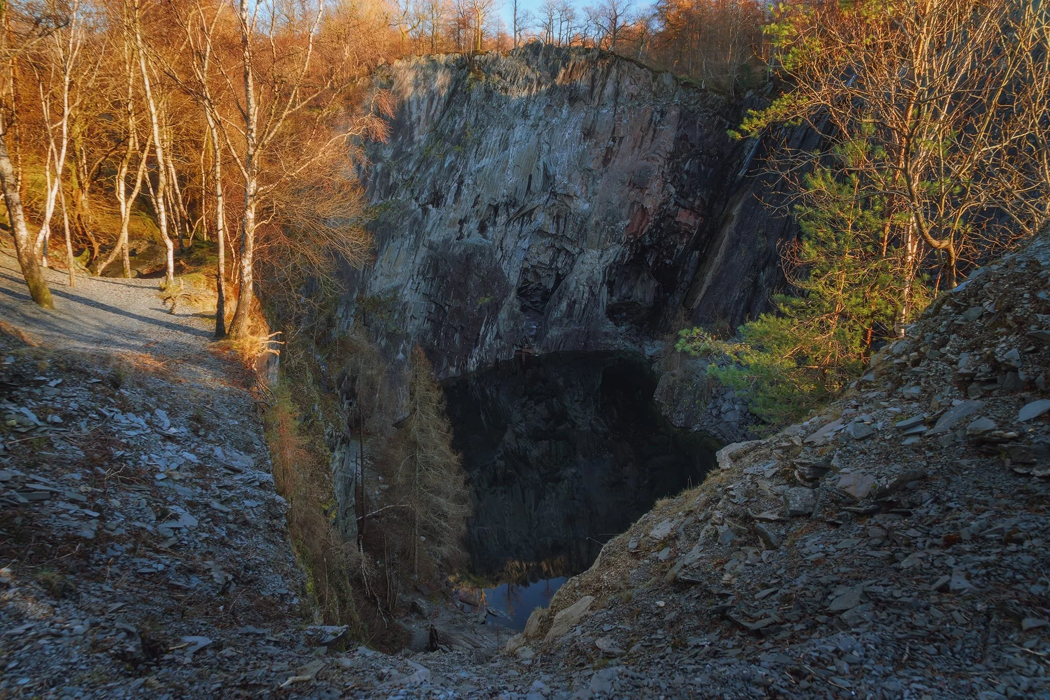 Hodge Close Quarry, with its sheer 150 ft drop down to the water.