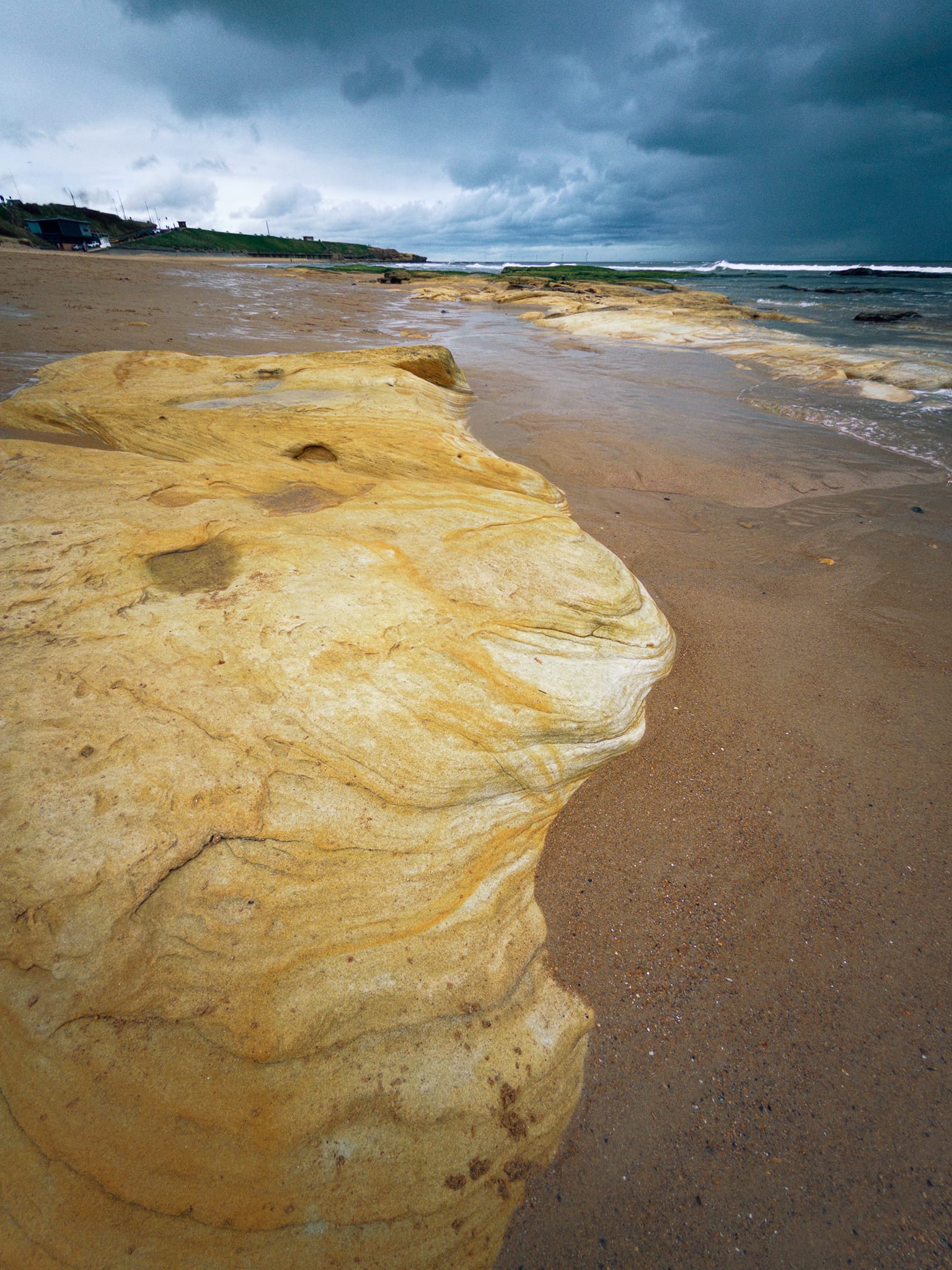 Planed smooth by millennia of tidal patience, this solitary outcrop of iron-stained Carboniferous sandstone holds its ground on the beach while the North Sea, patient and indifferent, works steadily to finish the job.
