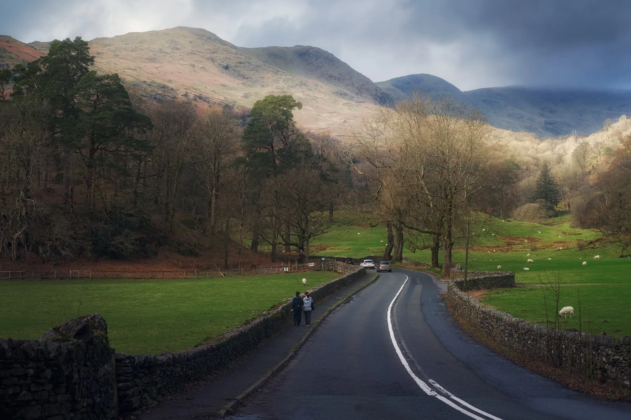  One of the Lake District&rsquo;s well-known views, often causing sudden brakes by drivers on the A591. Looking towards Rydal, with the Kirkstone fells catching a sweeping lightbeam. 