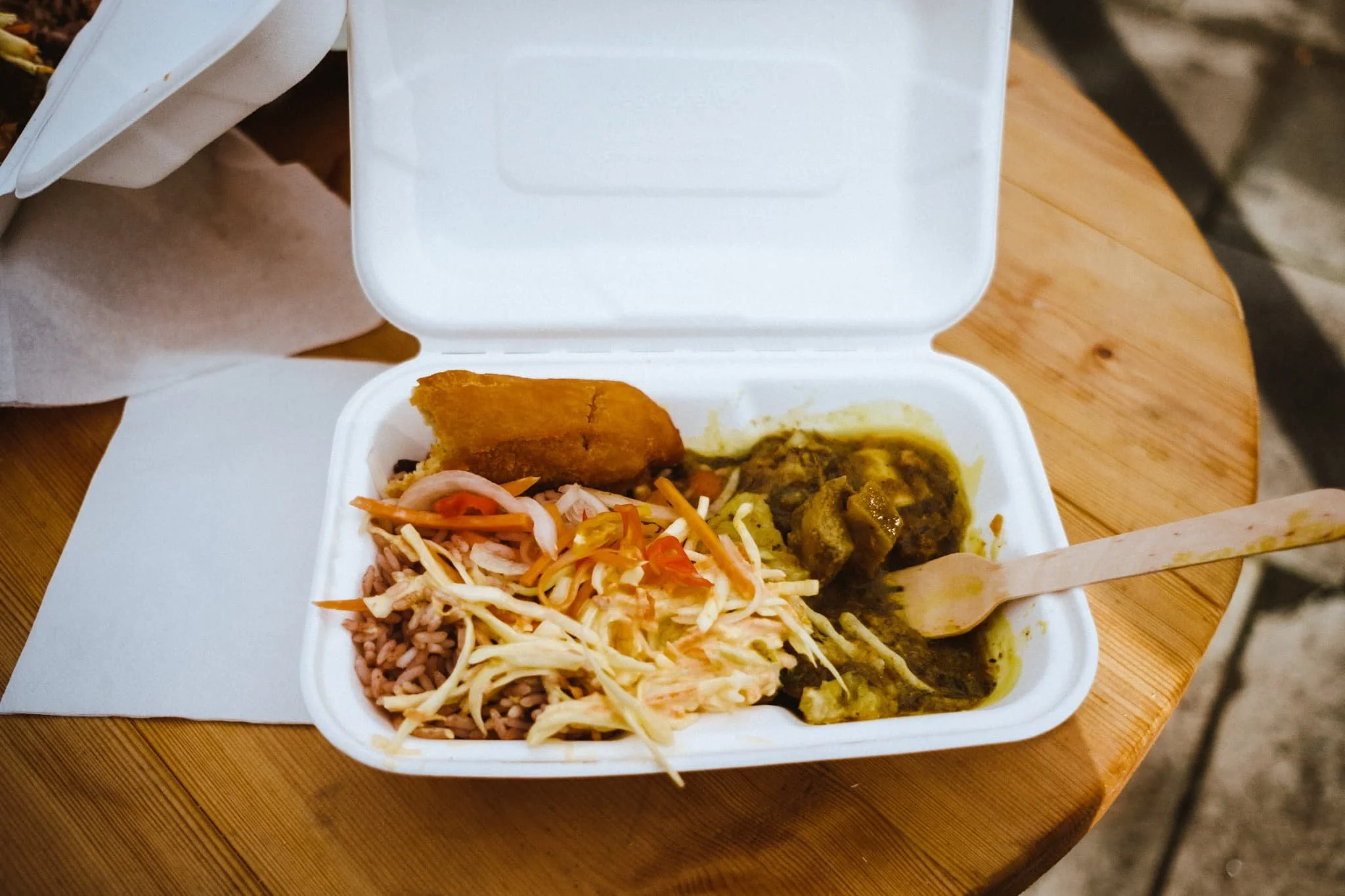  This goat curry was sublime, and a first for me in two ways: I&rsquo;d never had Jamaican food before, and I&rsquo;d never eaten goat before. Absolutely delicious; the goat was slow-cooked on the bone, too. It came with rice, pickled coleslaw, and &ldquo;festival&rdquo;—that is, Jamaican Festival bread. 