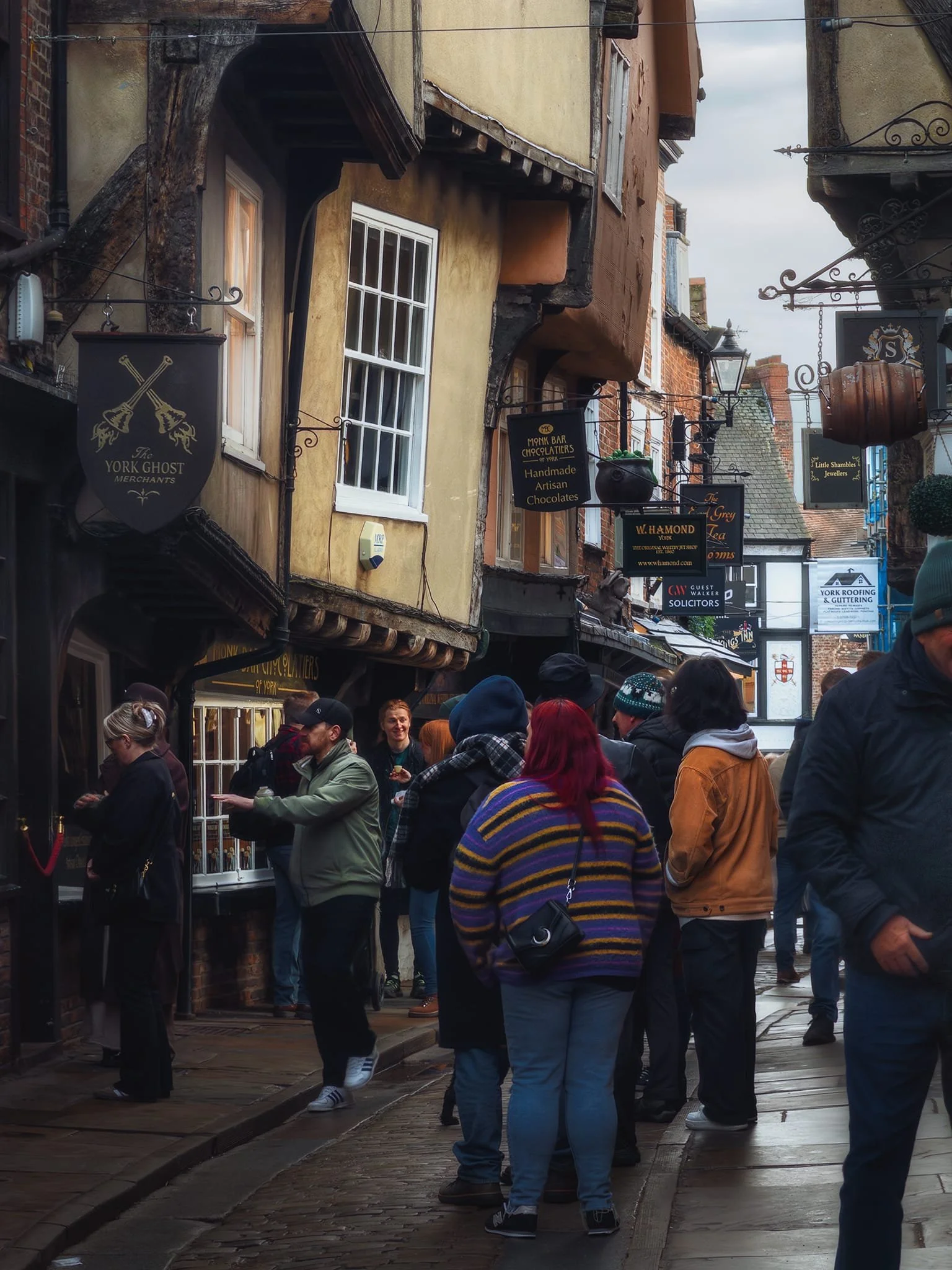  Packed with tourists as ever. The Shambles is one of Britain&rsquo;s best preserved medieval streets, featuring a cobbled street, timber-framed buildings with overhanging jettied floors. 